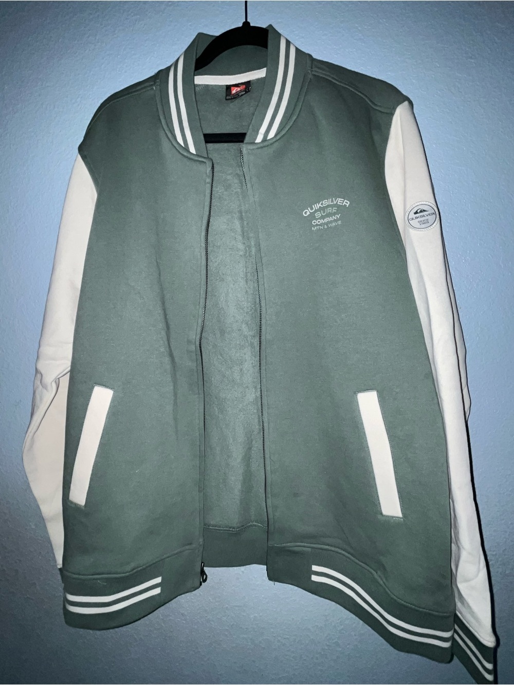 Quiksilver Men's Sage Green and White Varsity Bomber Jacket
